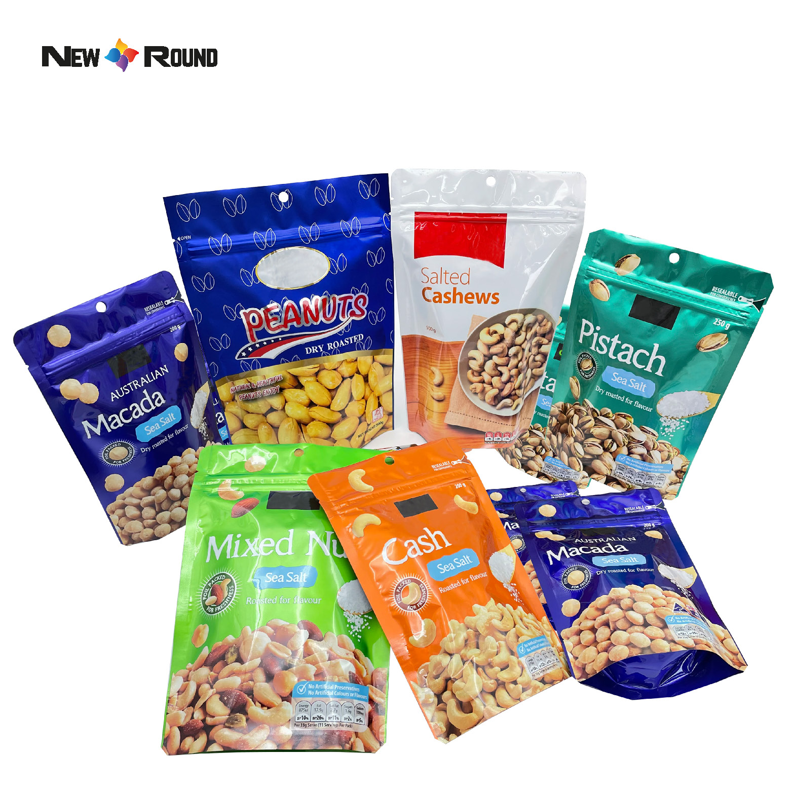 L'emballage alimentaire sec en plastique de papier d'aluminium de rescellage fait sur commande tiennent des sacs d'emballage de noix de cajou de casse-croûte de poche avec la tirette