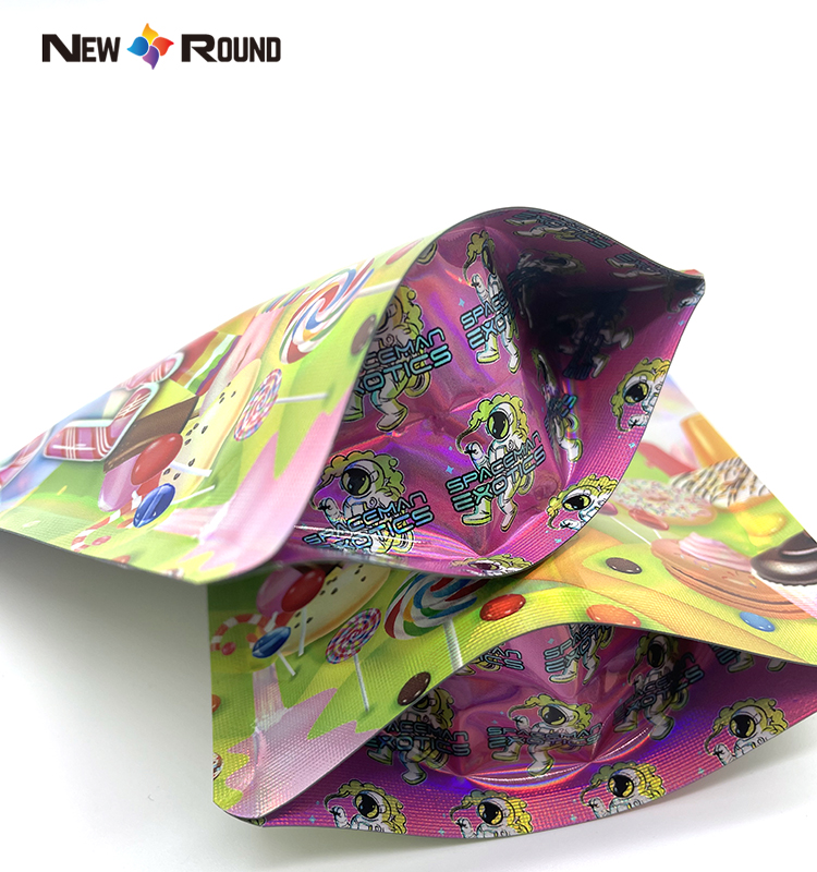 Sacs Mylar personnalisés holographiques brillants, couleur arc-en-ciel, fermeture éclair anti-odeur, emballage gommeux Mylar scellé de 3.5 grammes
