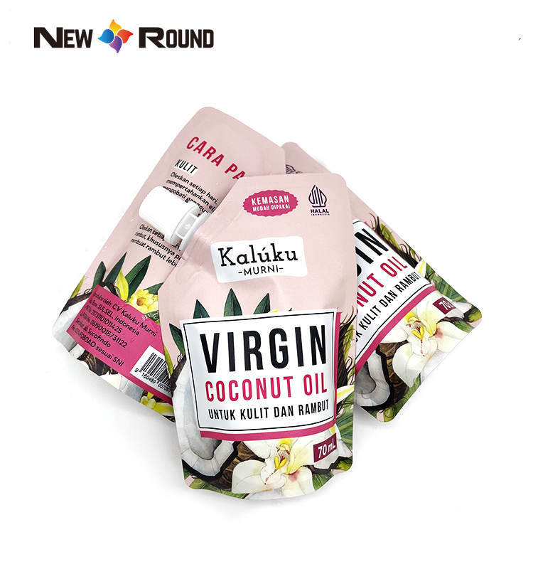 La pochette d'emballage d'huile de bec debout laminée imprimée par coutume se lève avec le bec pour la poche pure d'emballage d'huile de noix de coco de 70ml