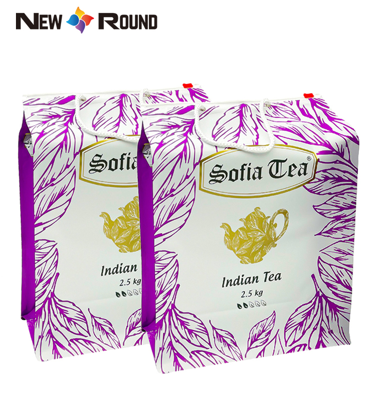 Sac à fond plat de thé indien de 2.5kg, avec fermeture éclair à cordon, biodégradable, écologique, emballage alimentaire personnalisé, sachet de thé