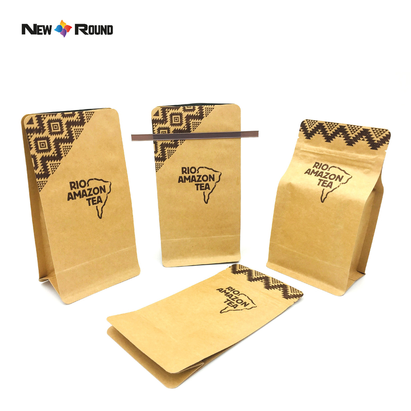 Sacs à fond plat biodégradables anti-odeur, sac d'emballage écologique en papier Kraft pour grains de café avec Valve à fermeture éclair et lien en étain