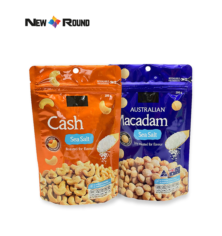 L'emballage alimentaire sec en plastique de papier d'aluminium de rescellage fait sur commande tiennent des sacs d'emballage de noix de cajou de casse-croûte de poche avec la tirette