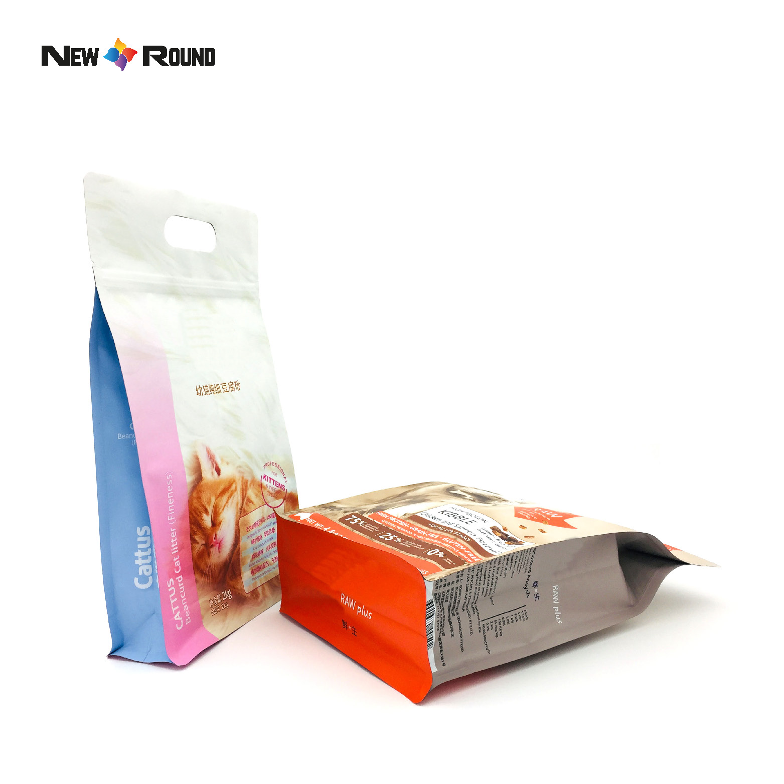 Pochette en plastique imprimée personnalisée, grande taille 5kg 10kg 15kg, poignée à fond plat, fermeture éclair refermable, sacs d'emballage alimentaire pour chiens de compagnie