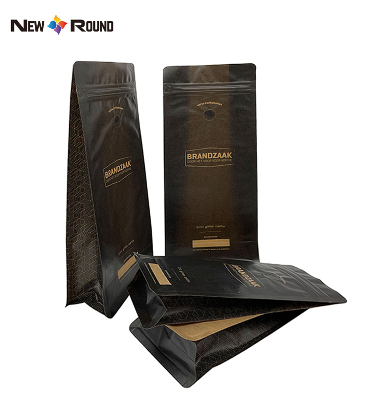 Papier Kraft à fond plat 500g, emballage imprimé personnalisé, biodégradable, compostable, emballage de grains vides, sac de café avec Valve