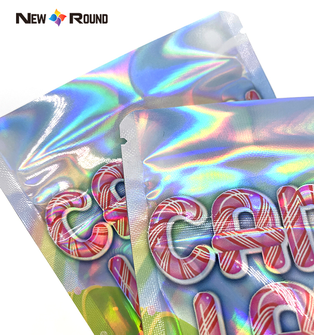 Sacs Mylar personnalisés holographiques brillants, couleur arc-en-ciel, fermeture éclair anti-odeur, emballage gommeux Mylar scellé de 3.5 grammes