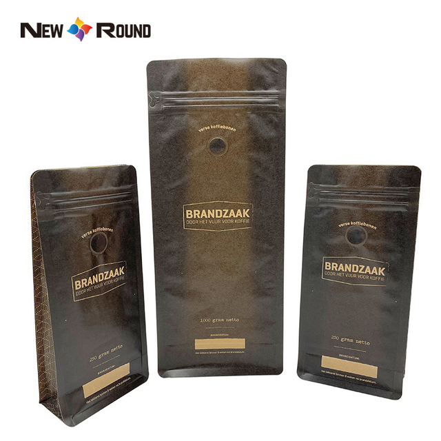 Papier Kraft à fond plat 500g, emballage imprimé personnalisé, biodégradable, compostable, emballage de grains vides, sac de café avec Valve