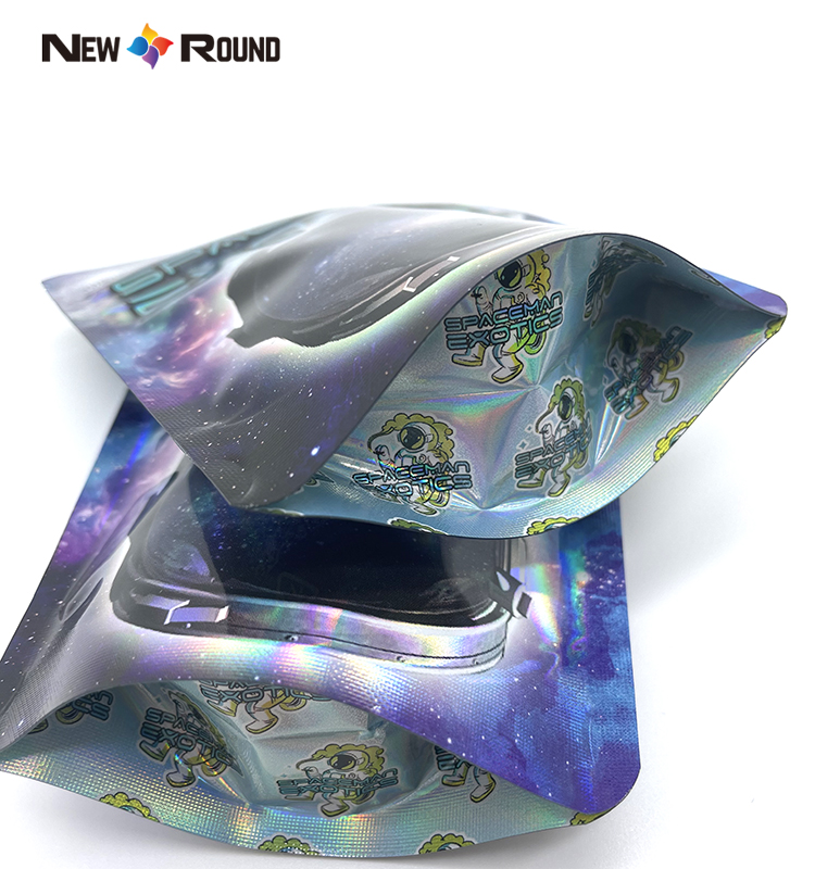 Sacs en Mylar holographiques en Mylar, imprimés personnalisés, doux au toucher, résistants aux enfants, anti-odeurs, refermables, à fermeture éclair, 3.5g