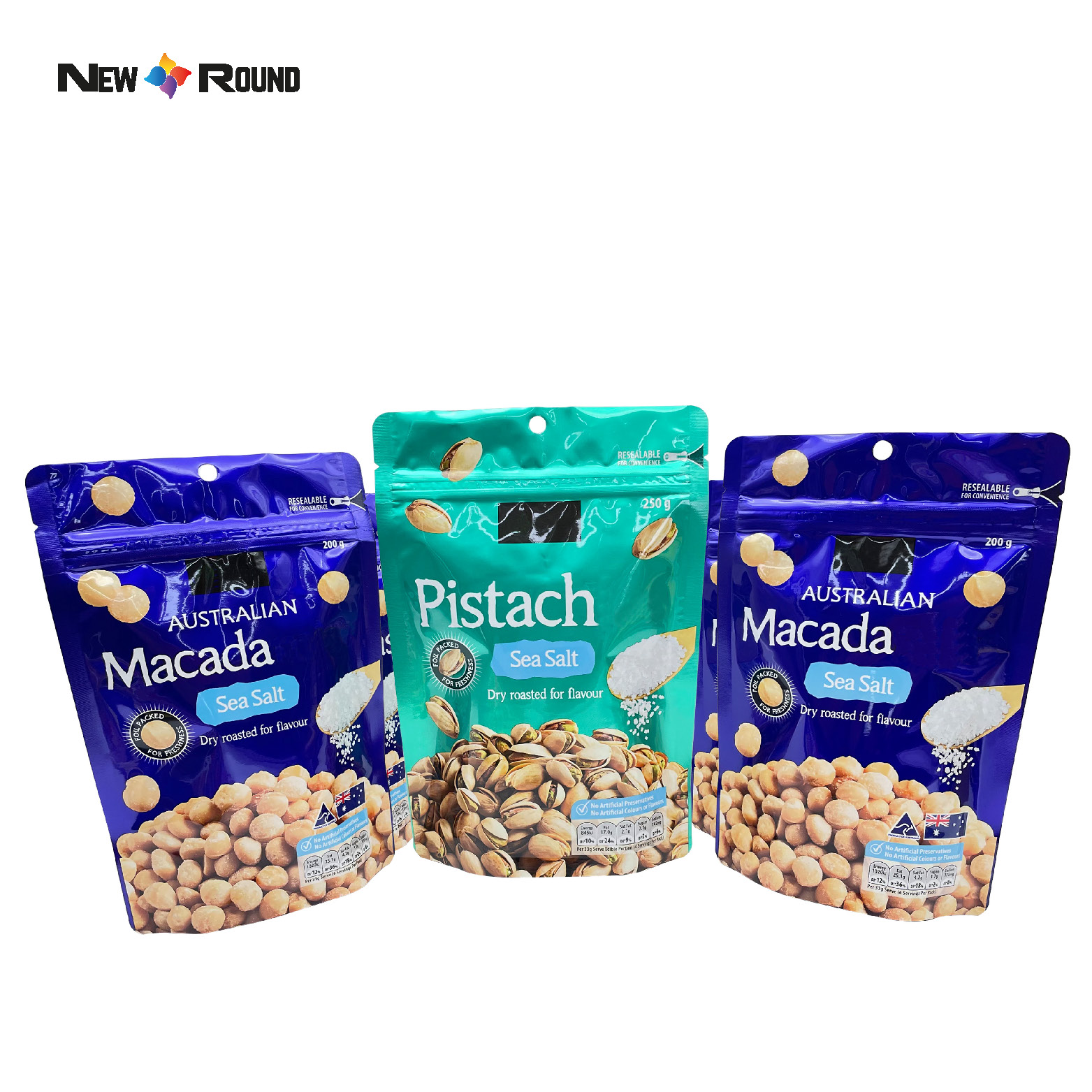 L'emballage alimentaire sec en plastique de papier d'aluminium de rescellage fait sur commande tiennent des sacs d'emballage de noix de cajou de casse-croûte de poche avec la tirette