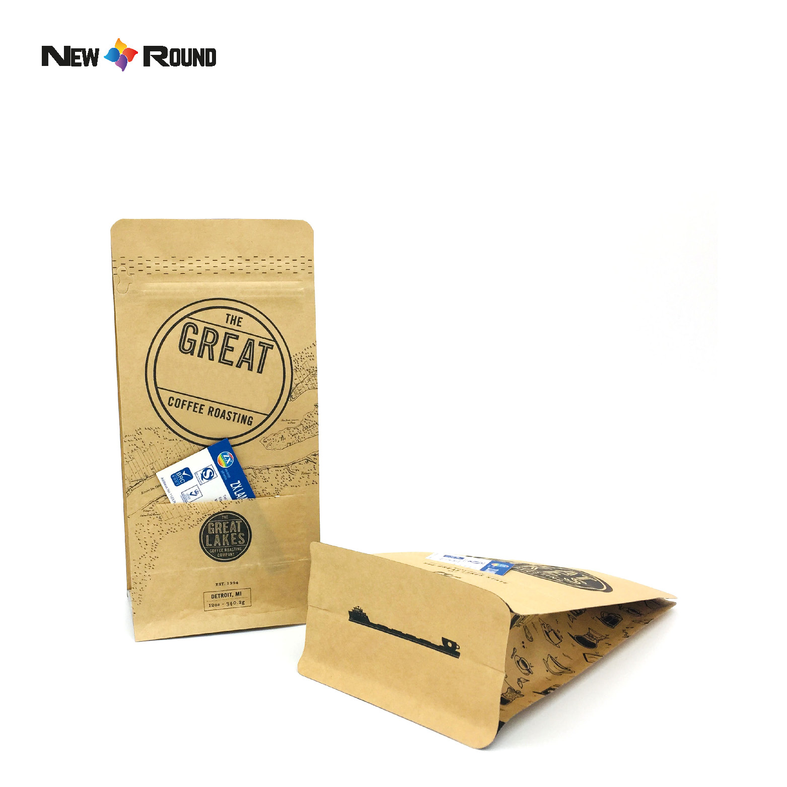 Emballage en plastique de sac de café de fond plat de grain torréfié de valve à sens unique de poche de papier kraft d'étiquette adaptée aux besoins du client