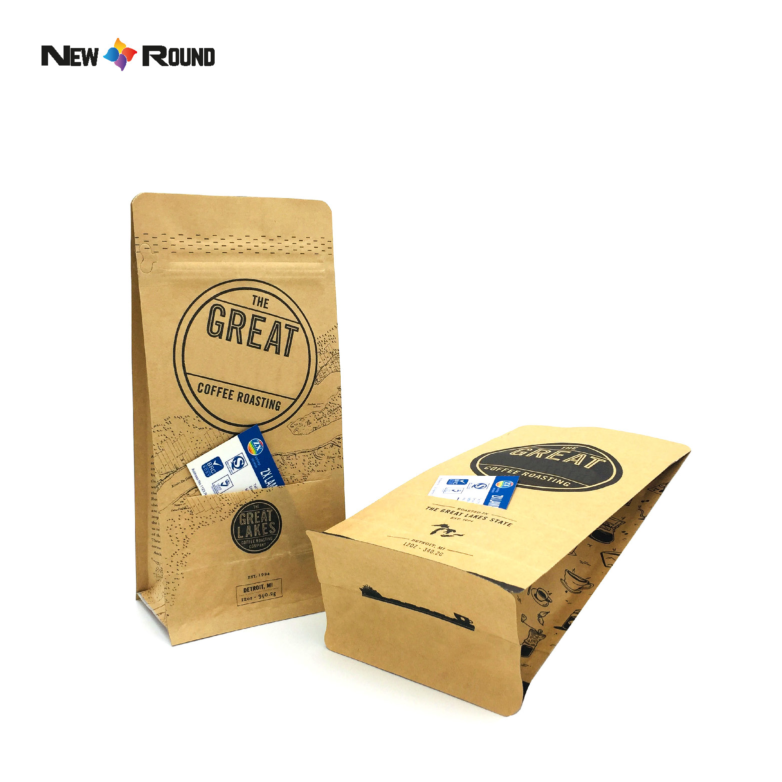 Emballage en plastique de sac de café de fond plat de grain torréfié de valve à sens unique de poche de papier kraft d'étiquette adaptée aux besoins du client