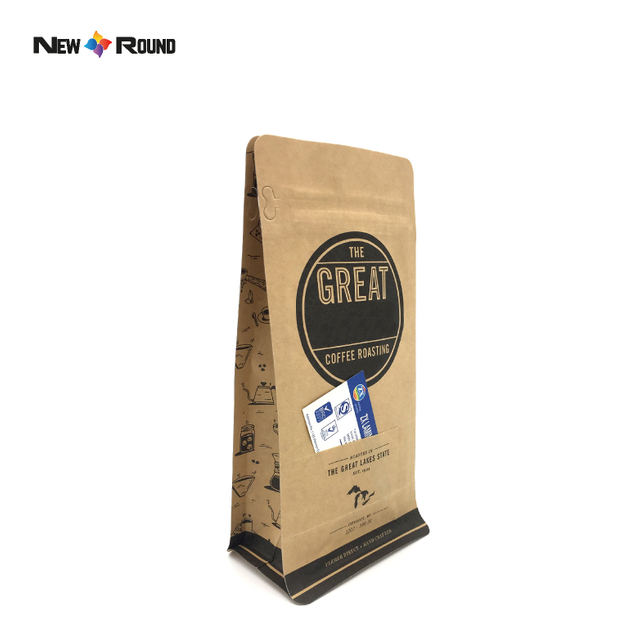 Emballage en plastique de sac de café de fond plat de grain torréfié de valve à sens unique de poche de papier kraft d'étiquette adaptée aux besoins du client