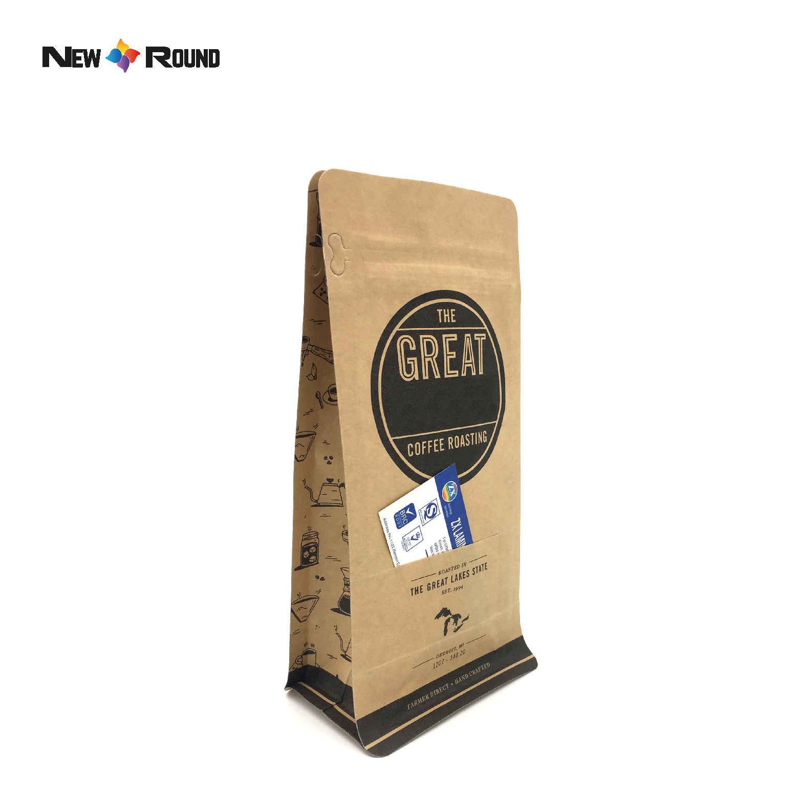 Emballage en plastique de sac de café de fond plat de grain torréfié de valve à sens unique de poche de papier kraft d'étiquette adaptée aux besoins du client