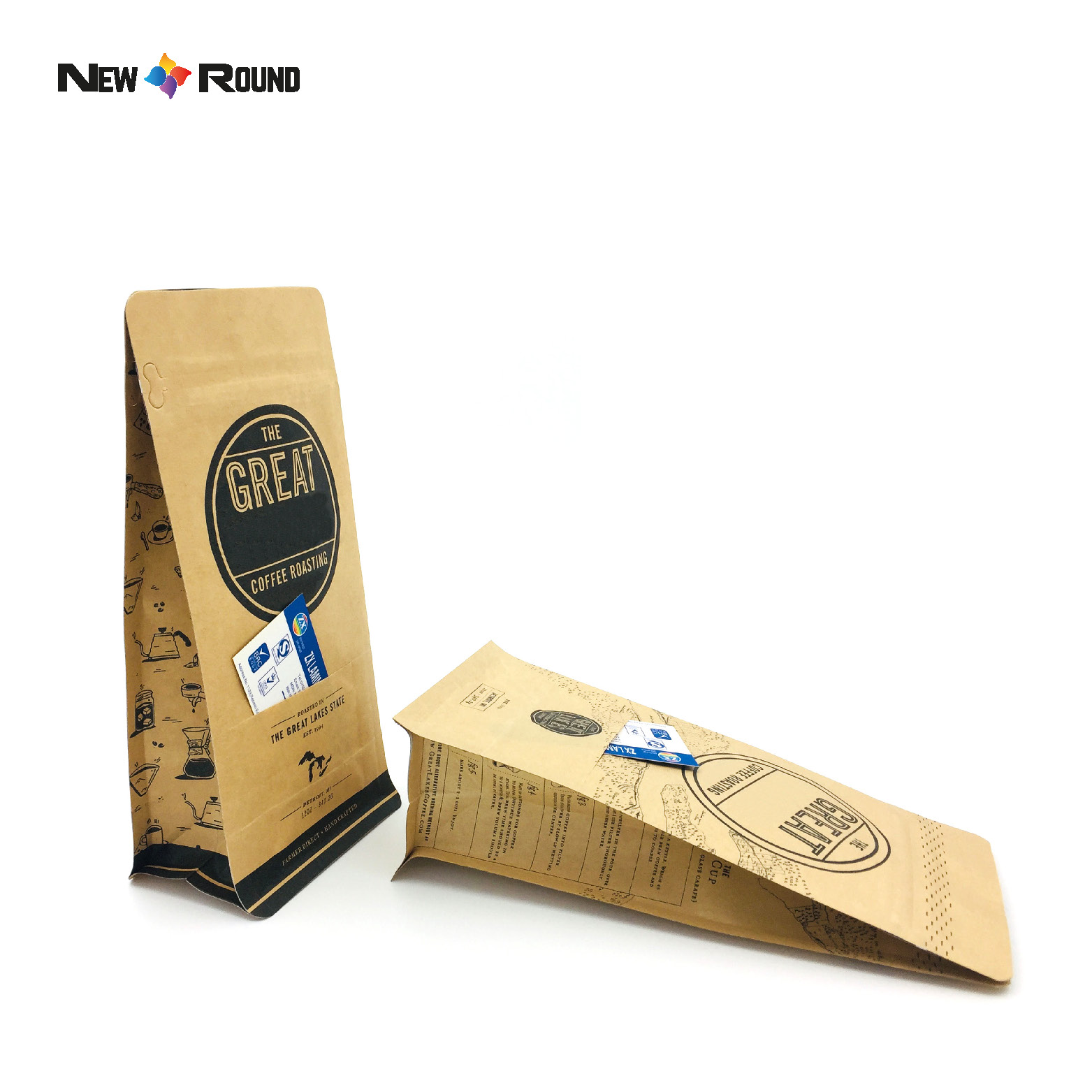 Emballage en plastique de sac de café de fond plat de grain torréfié de valve à sens unique de poche de papier kraft d'étiquette adaptée aux besoins du client